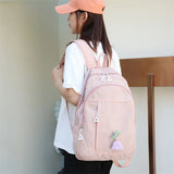 Waterproof Canvas Campus Backpack Flower Pendant Girl College Student Bag