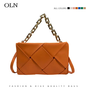 Weave Orange Leather Shoulder Bag With Chain Small Green Crossbody Bag