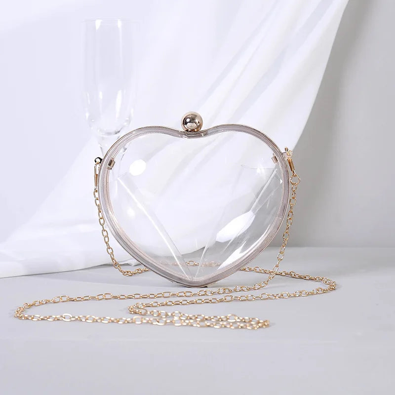 Heart Shape Acrylic Evening Bag with Metal Chain Clutch
