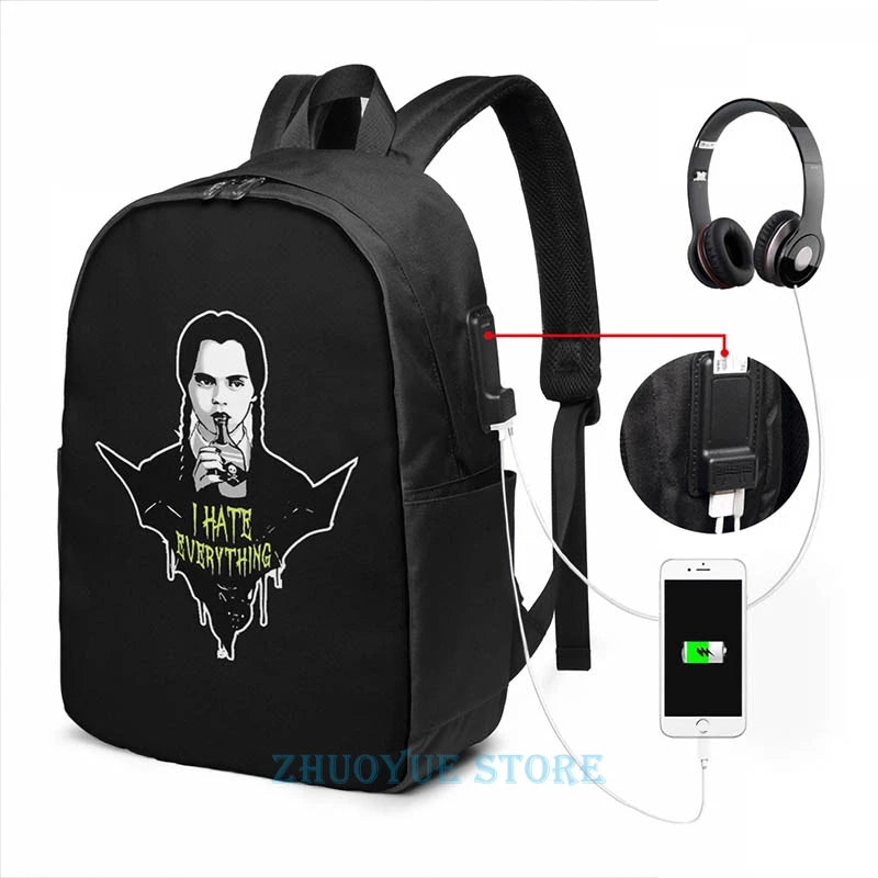 Wednesday Addams Gothic USB Charge Backpack School Travel Bag