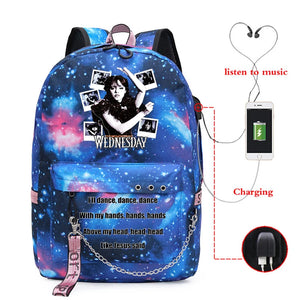 Wednesday Addams School Backpack for Teenager Girls with USB Port