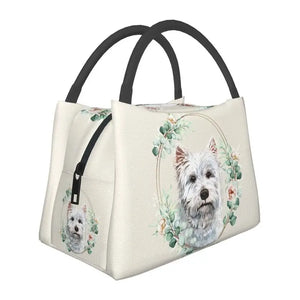Westie Dog in Floral Wreath Lunch Bag Insulated Cooler Thermal Bento