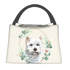 Westie Dog in Floral Wreath Lunch Bag Insulated Cooler Thermal Bento