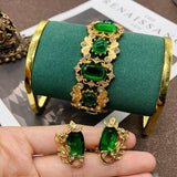 Medieval Emerald Glass Earrings Set with Elastic Bracelet