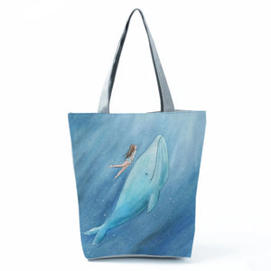 Whale Girl Print Handbags Fresh Sea Series Shopper Bag