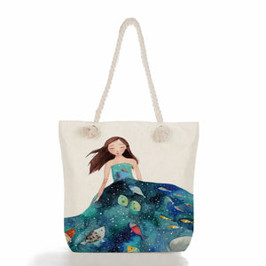 Whale Girl Sea Print Tote Bag Eco Friendly Portable Women Shoulder Bag