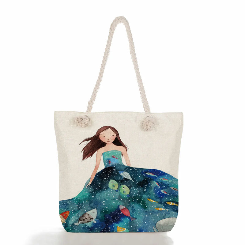 Whale Girl Sea Print Tote Bag Eco Friendly Portable Women Shoulder Bag
