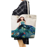 Whale Girl Sea Print Tote Bag Eco Friendly Portable Women Shoulder Bag