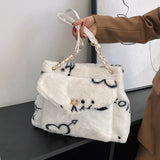 Heart Pattern Women Shoulder Female Winter Plush Underarm Tote Bags