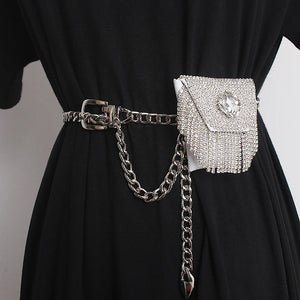 Bling Rhinestone Tassel Fanny Pack with Metal Chain