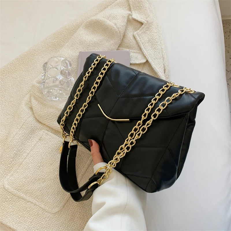 Big Size Quilted Shoulder Bag for Women Chain Leather Crossbody Bag
