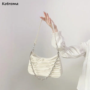 Pleated Shoulder Bag for Women Chain Handbag Zipper Texture PU Leather