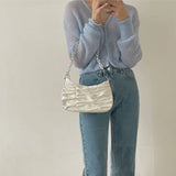 Pleated Shoulder Bag for Women Chain Handbag Zipper Texture PU Leather