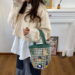 Canvas Ladies Round Bucket Bag Handbag Women Bag Shoulder Crossbody Purse