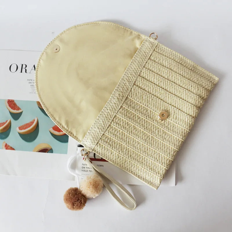 Straw-weaving Envelope Bag Ivory Khaki Beach Handbag