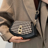 Houndstooth Messenger Bag Retro PU Shoulder Bag for Women