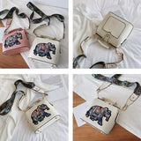 Embroidered Elephant Crossbody Bag with Wide Butterfly Strap