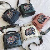 Embroidered Elephant Crossbody Bag with Wide Butterfly Strap