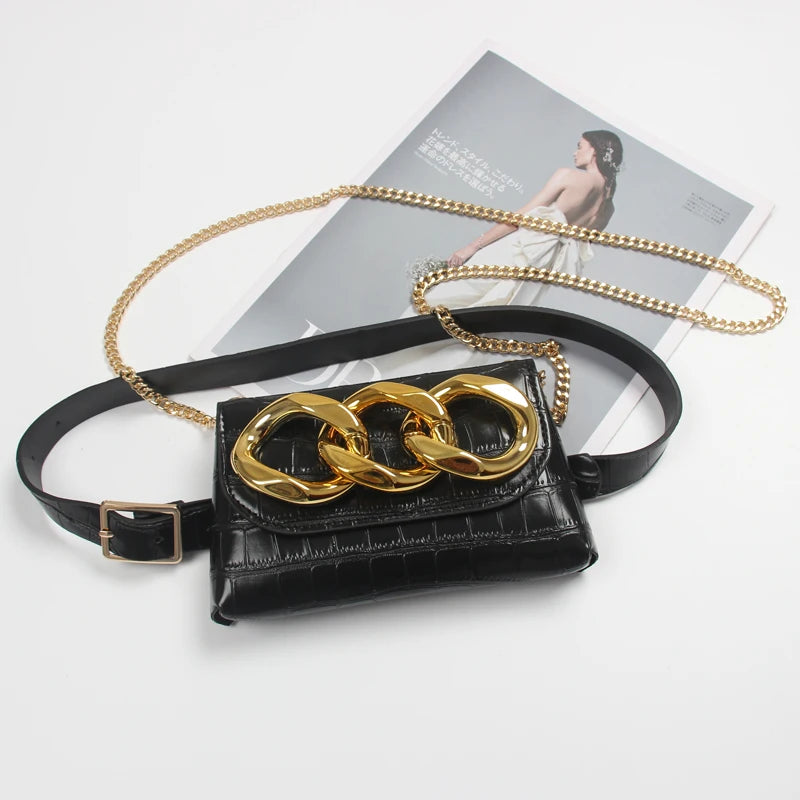 Wide Chain Decorated Waist Packs Women Adjustable PU Leather Waist Belt