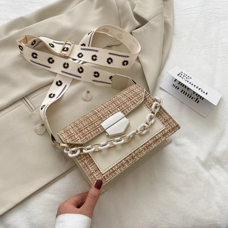 Women's Wide Strap Chain Crossbody Bag Flap Shoulder Purse Handbag