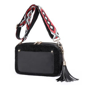 Wide Strap Tassel Small Shoulder Bag Solid Pu Leather Crossbody
