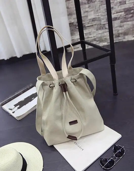 Retro Cloth Bag Canvas Drawstring Handbag Beige Shoulder Bag
