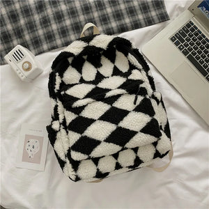 Soft Plush Backpack Girls School Shoulder Bag Diamond Lattice Rucksack