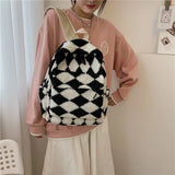 Soft Plush Backpack Girls School Shoulder Bag Diamond Lattice Rucksack
