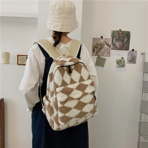 Soft Plush Backpack Girls School Shoulder Bag Diamond Lattice Rucksack