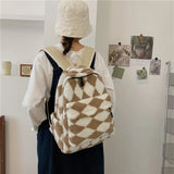 Soft Plush Backpack Girls School Shoulder Bag Diamond Lattice Rucksack