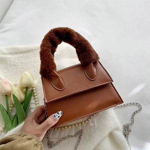 Winter Chain Handbags For Women Pu Leather Female Shoulder Bag Plush Handle