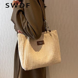 Winter Corduroy Women Handbags Travel Female Chain Shoulder Bag Large Capacity
