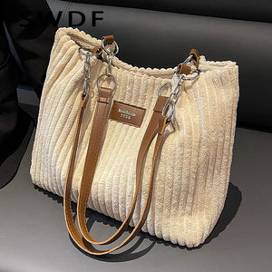Winter Corduroy Women Handbags Travel Female Chain Shoulder Bag Large Capacity