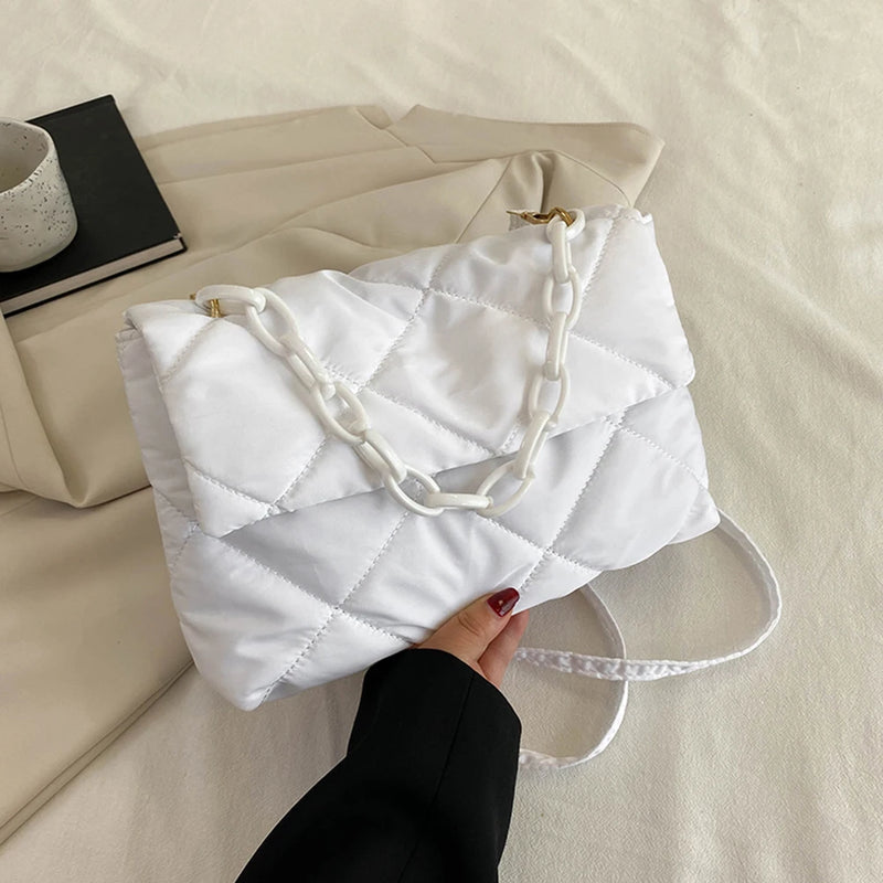 Winter Cotton Padded Quilted Handbag Women Chain Rhombic Pattern Feather Down Ba