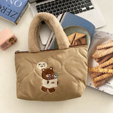 Winter Women Quilting Shoulder Bag Cartoon Embroidery Female Plush Tote Bags