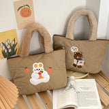 Winter Women Quilting Shoulder Bag Cartoon Embroidery Female Plush Tote Bags
