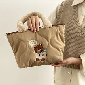 Winter Women Quilting Shoulder Bag Cartoon Embroidery Female Plush Tote Bags