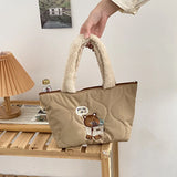 Winter Women Quilting Shoulder Bag Cartoon Embroidery Female Plush Tote Bags