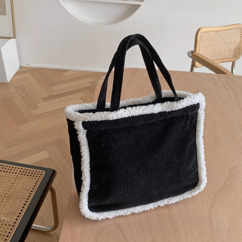 Corduroy Women Handbags Furry Shoulder Bags Large Capacity Tote
