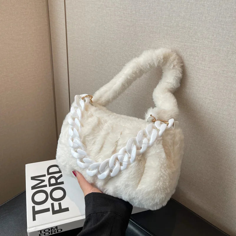 Winter Fluffy Fur Women Shoulder Bag Chain Plush Handbags