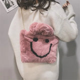 Winter Ladies Shoulder Bag Smiley Face Chain Plush Handbag