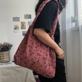 Winter Pink Rose Ladies Shoulder Bag Retro Corduroy Women Shopping Bags
