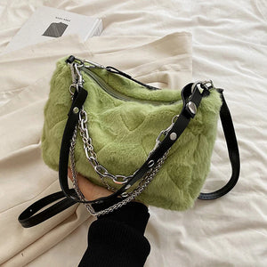 Winter Plush Shoulder Bag Women Chains Decor Totes Bag Fur Underarm Purse