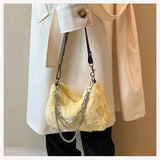 Winter Plush Shoulder Bag Women Chains Decor Totes Bag Fur Underarm Purse