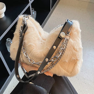 Winter Plush Shoulder Bag Women Chains Decor Totes Bag Fur Underarm Purse