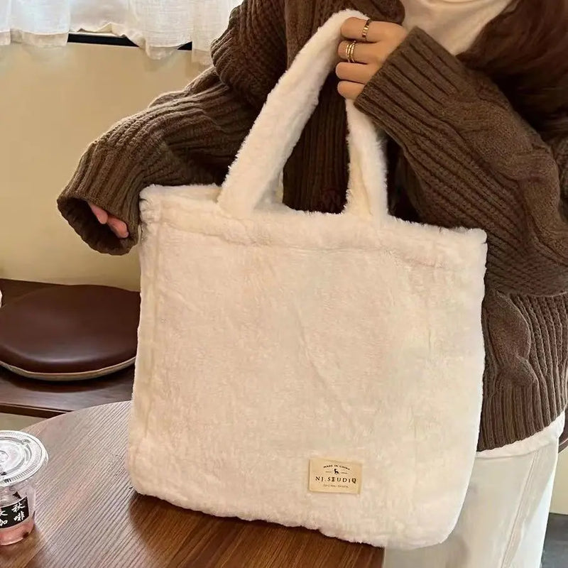 Winter Leopard Plush Shoulder Bag Large Capacity Casual Tote