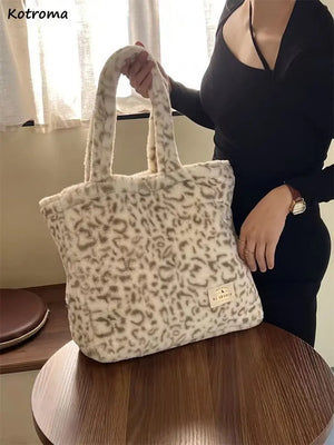 Winter Leopard Plush Shoulder Bag Large Capacity Casual Tote