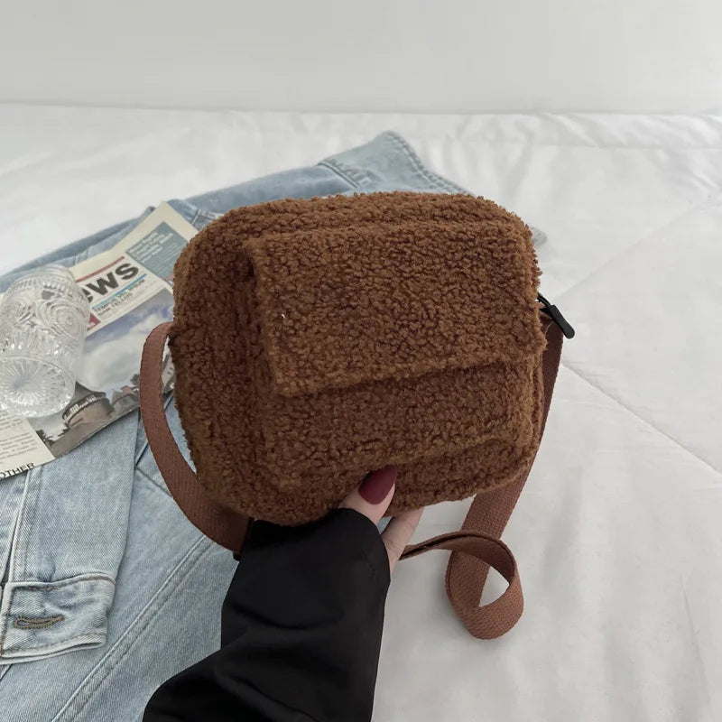 Winter Fluffy Underarm Shoulder Bag Plush Small Square Lady Crossbody Tote Clutc