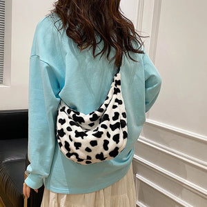 Winter Plush Shoulder Bag Cow Pattern Dumpling Bags