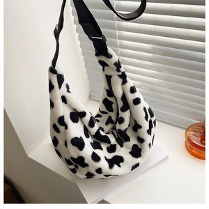 Winter Plush Shoulder Bag Cow Pattern Dumpling Bags